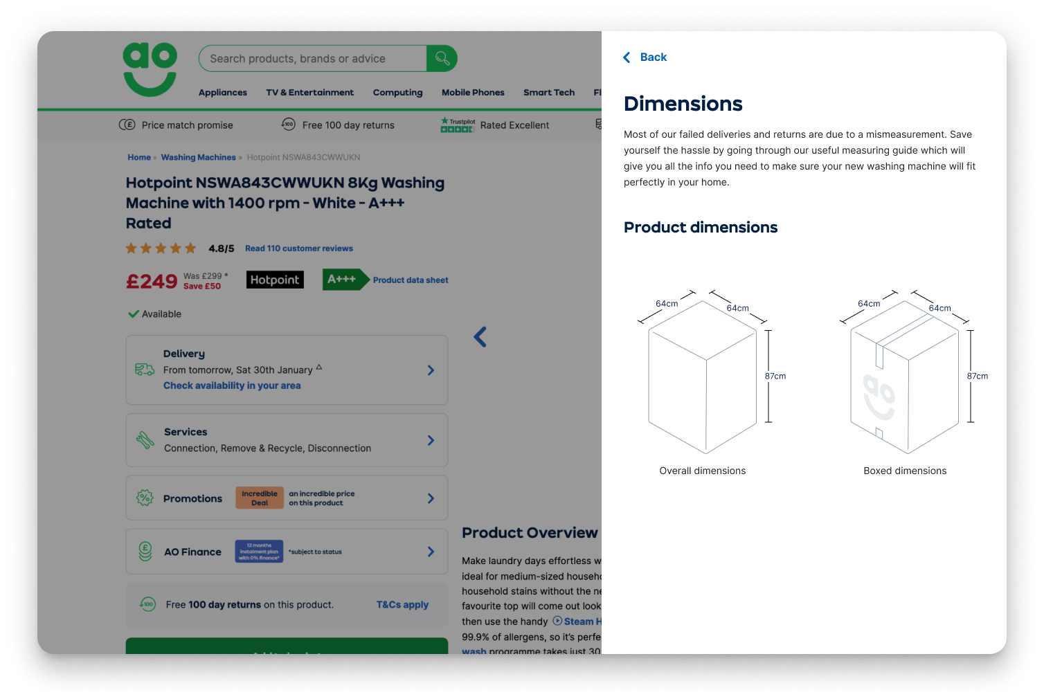 The redesigned dimensions experience on an AO product page
