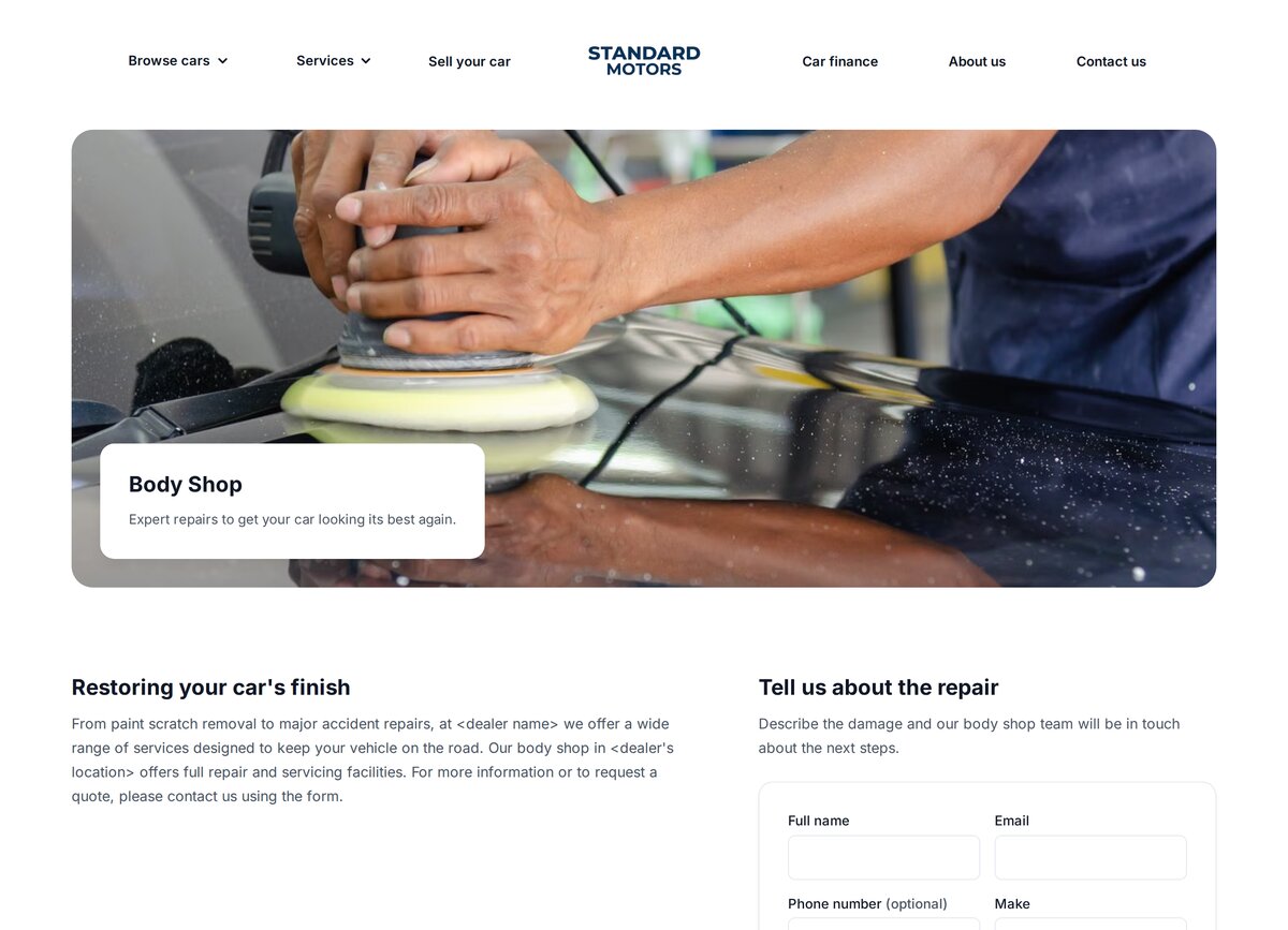 A body shop page with a repair enquiry form