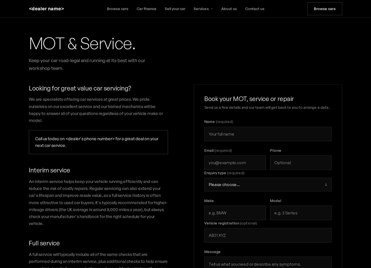 An MOT and service page with a booking form