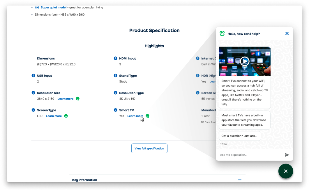 Progressive disclosure of specs via the chatbot