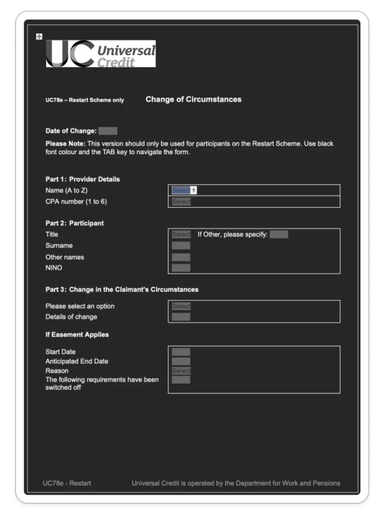 Page 1 of the old UC78e Excel form