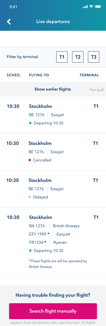 Live departures and arrivals